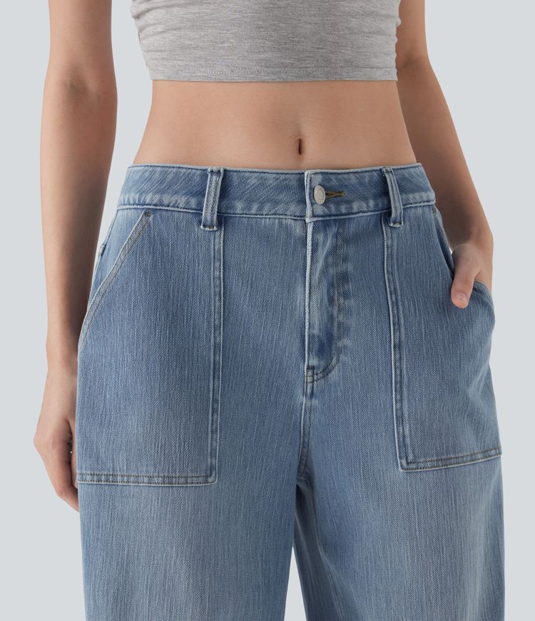 Halara Flex™ Low Rise Rolled Hem Washed Casual Baggy Jeans with Pockets