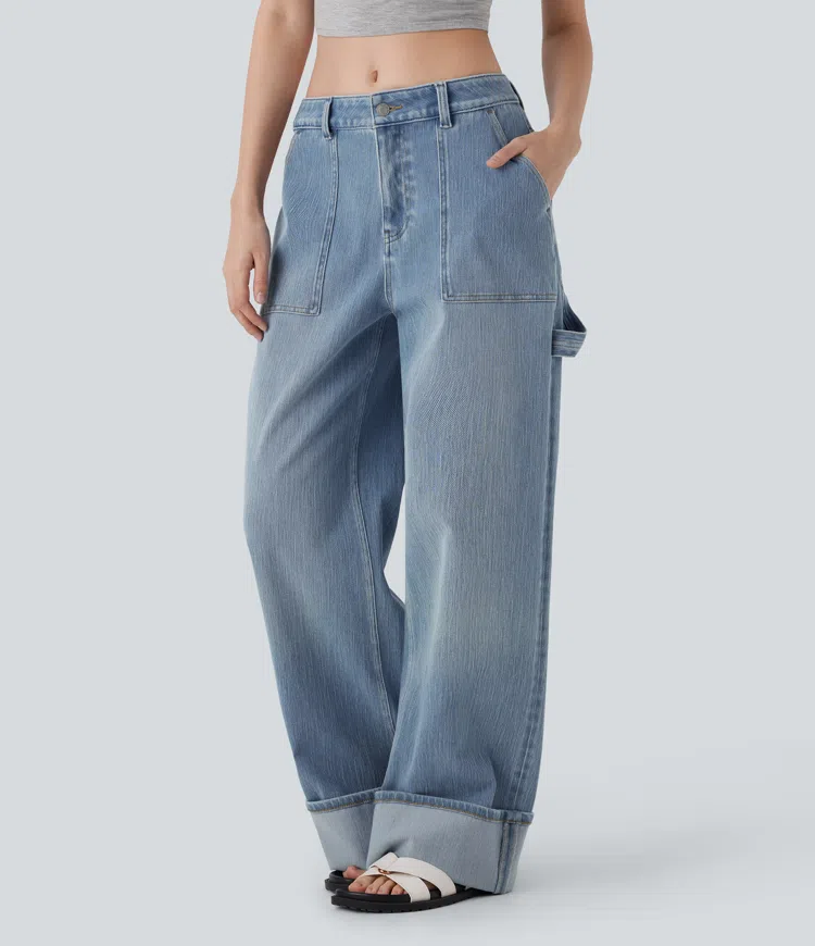 Halara Flex™ Low Rise Rolled Hem Washed Casual Baggy Jeans with Pockets