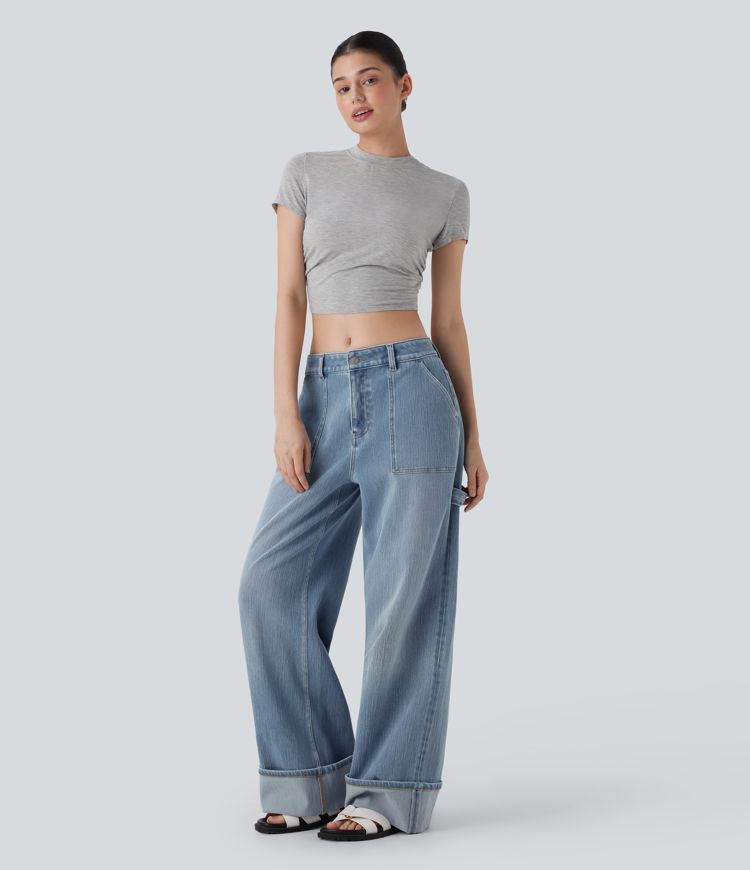 Halara Flex™ Low Rise Rolled Hem Washed Casual Baggy Jeans with Pockets