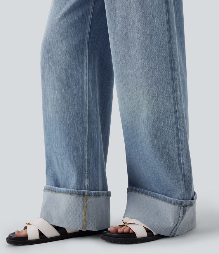 Halara Flex™ Low Rise Rolled Hem Washed Casual Baggy Jeans with Pockets