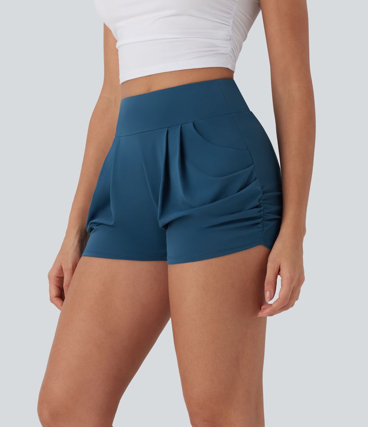 High Waisted Ruched Casual Shorts with Pockets