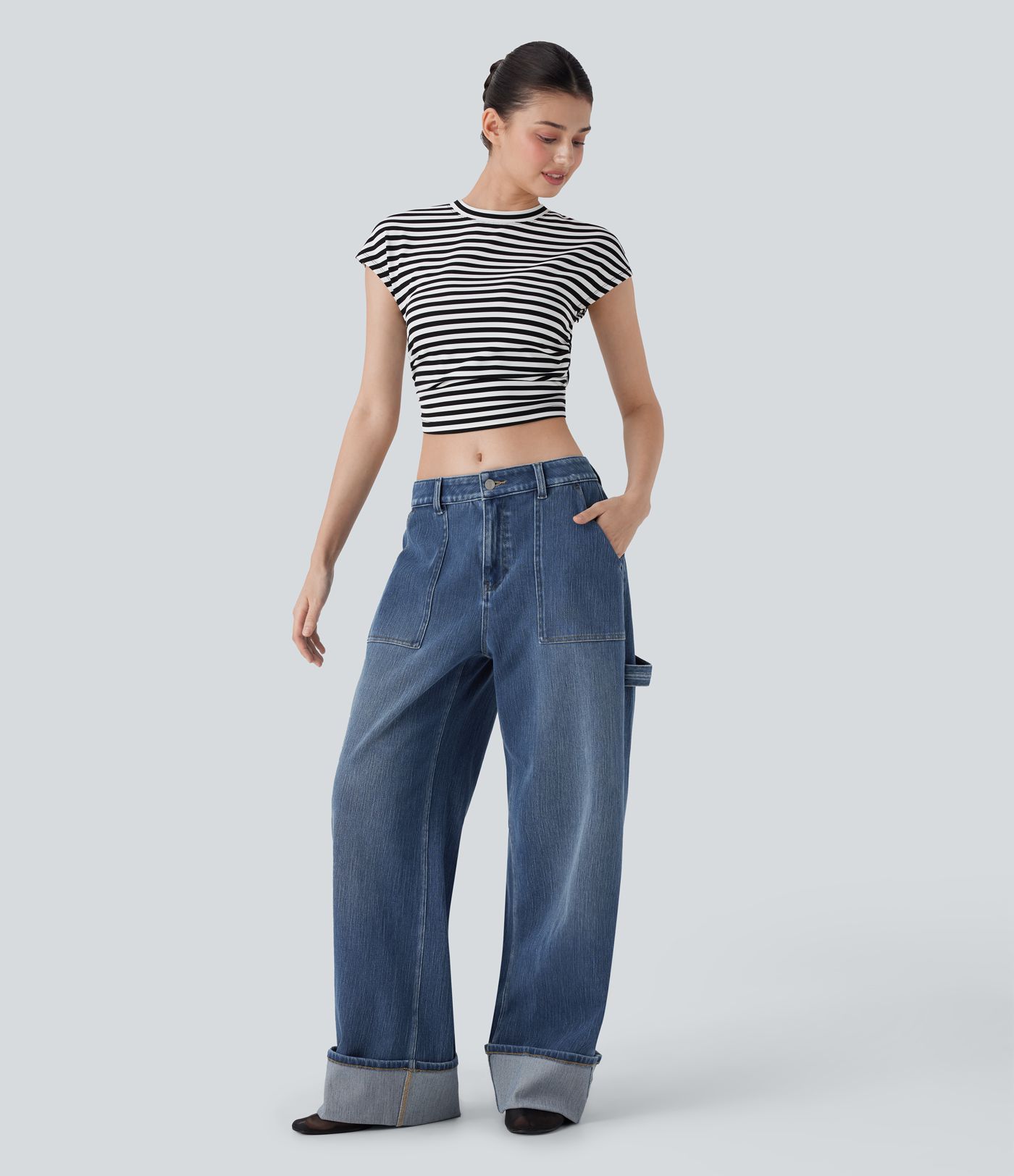 Halara Flex™ Low Rise Rolled Hem Washed Casual Baggy Jeans with Pockets