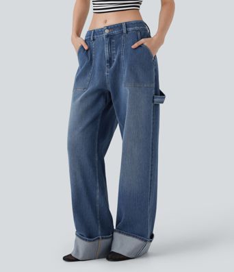 Halara Flex™ Low Rise Rolled Hem Washed Casual Baggy Jeans with Pockets