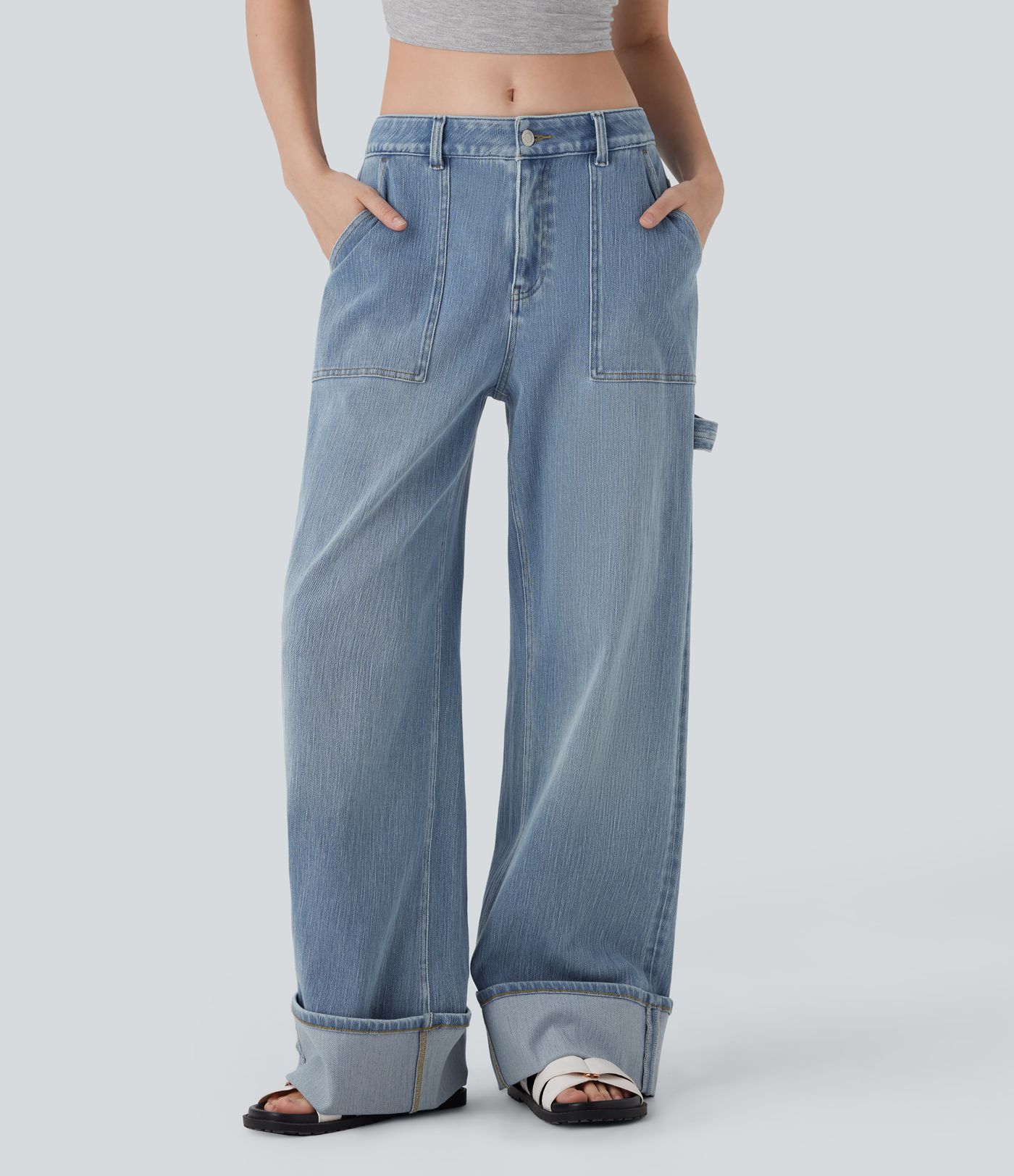 Halara Flex™ Low Rise Rolled Hem Washed Casual Baggy Jeans with Pockets