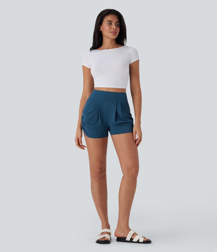 High Waisted Ruched Casual Shorts with Pockets