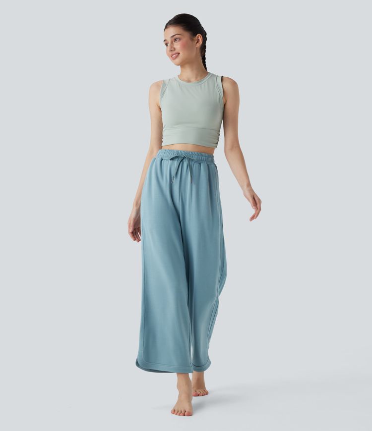 High Waisted Drawstring Curved Hem Straight Leg Yoga Pants with Pockets