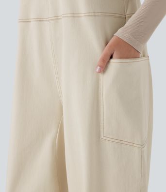 Halara Flex™ V Neck Pocket Washed Denim Casual Overalls