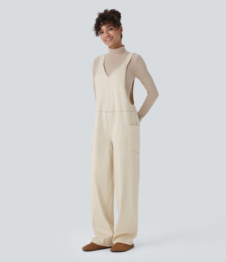 Halara Flex™ V Neck Pocket Washed Denim Casual Overalls