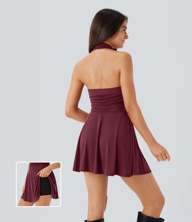 Halter Cowl Neck Ruched 2-in-1 Micro Dress