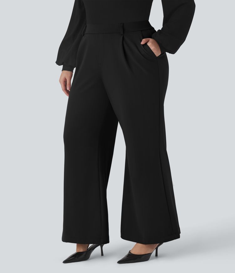  High Waisted Work Plus Size Flare Trousers with Pockets