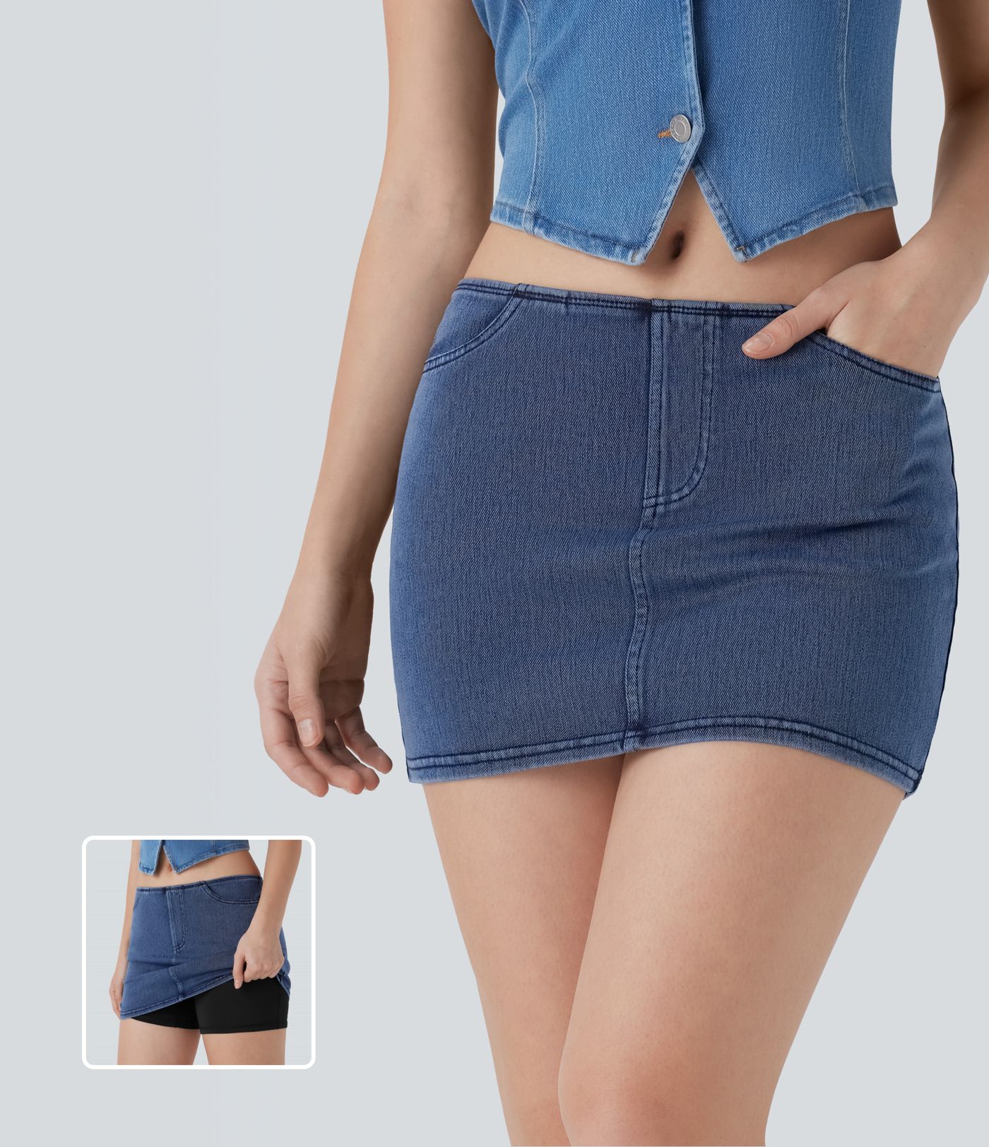 Halara Flex™ Low Rise 2-in-1 Bodycon-Minirock aus gewaschenem, dehnbarem Strick-Denim mit Seitentasche