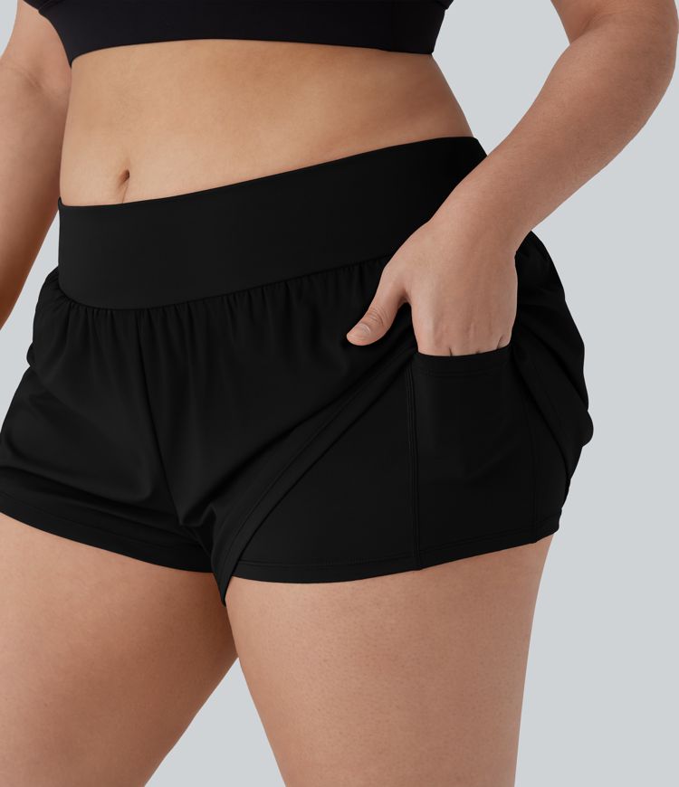 Shorts de yoga 2 en 1 Softlyzero™ Airy de tiro bajo con cordón interior con tacto fresco y bolsillos en talla grande