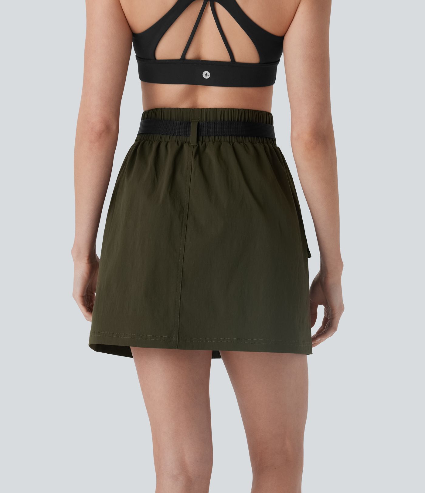 Water Repellent Super High Waisted Belted Zipper Mini A-line Ripstop Camping Cargo Skirt with Pockets