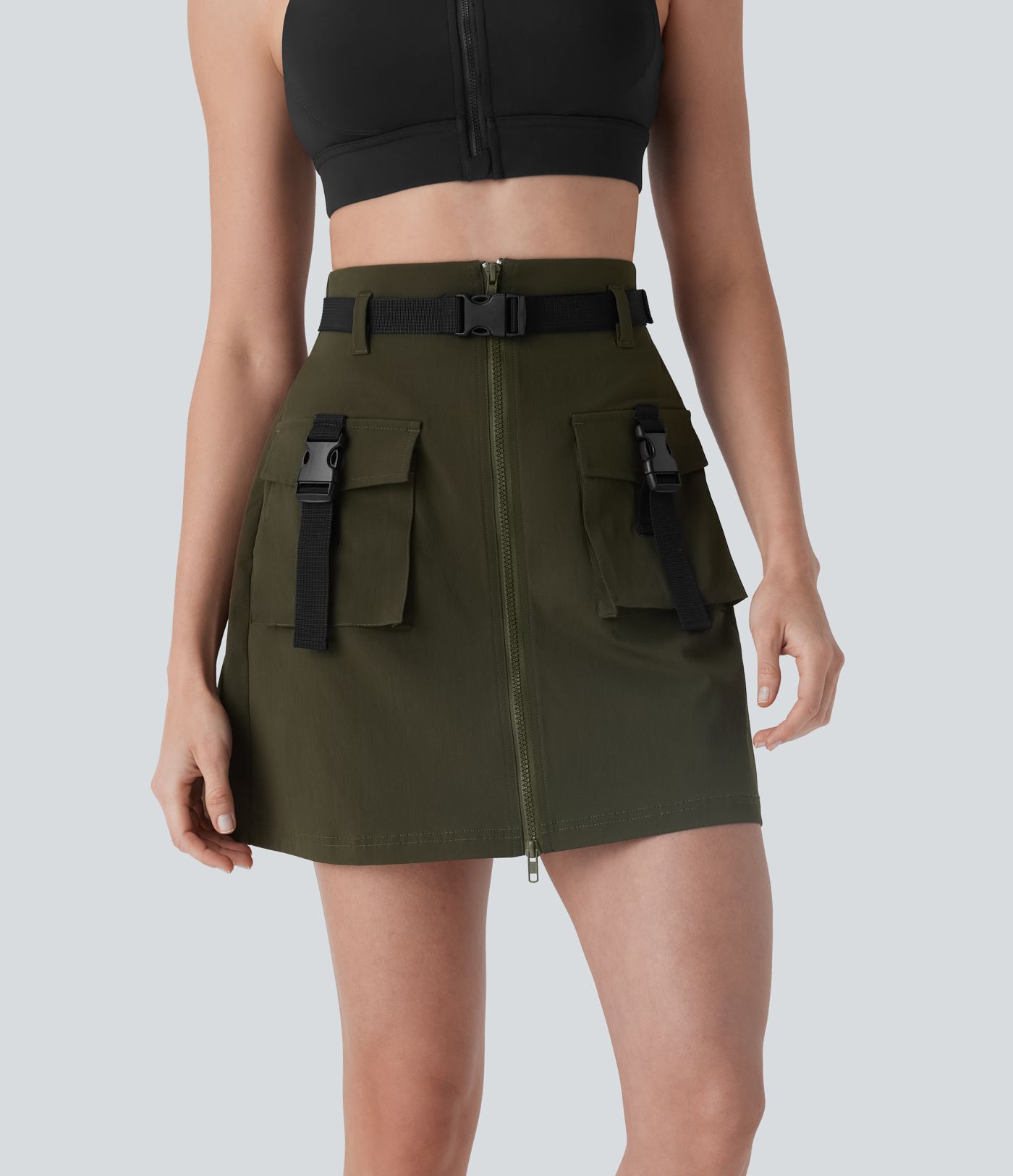 Water Repellent Super High Waisted Belted Zipper Mini A-line Ripstop Camping Cargo Skirt with Pockets