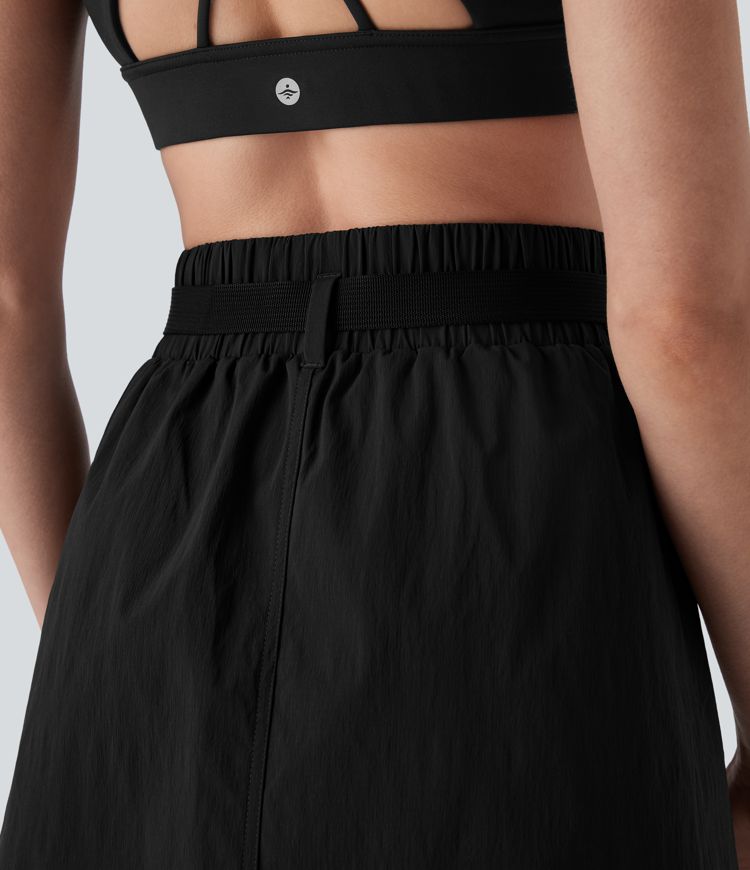 Water Repellent Super High Waisted Belted Zipper Mini A-line Ripstop Camping Cargo Skirt with Pockets