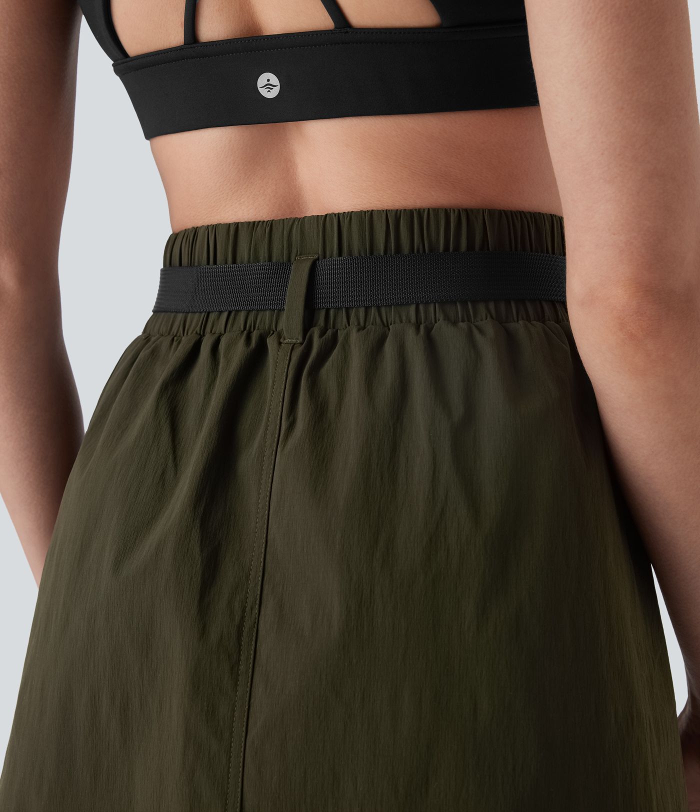 Water Repellent Super High Waisted Belted Zipper Mini A-line Ripstop Camping Cargo Skirt with Pockets