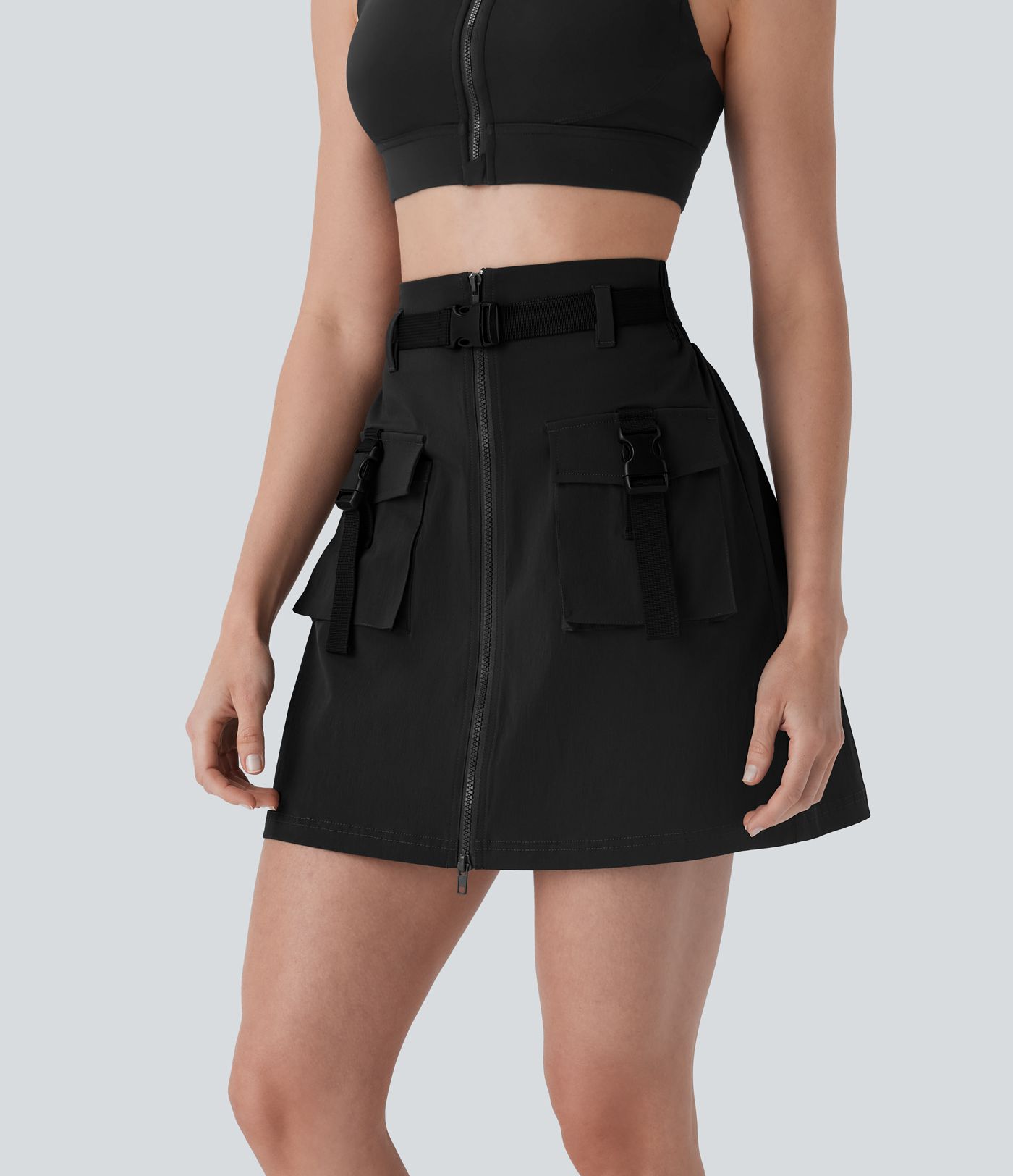 Water Repellent Super High Waisted Belted Zipper Mini A-line Ripstop Camping Cargo Skirt with Pockets