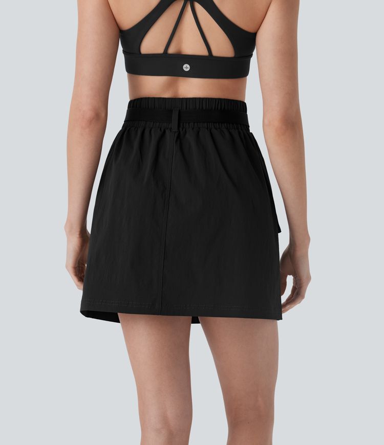 Water Repellent Super High Waisted Belted Zipper Mini A-line Ripstop Camping Cargo Skirt with Pockets