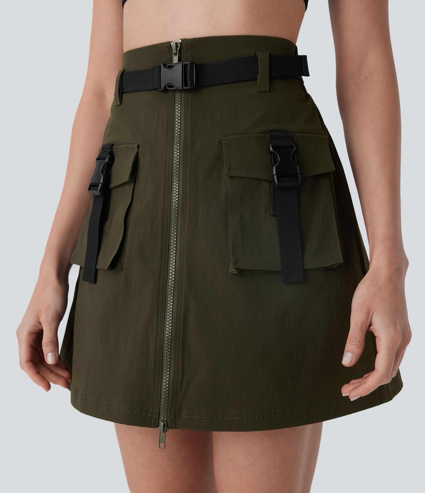 Water Repellent Super High Waisted Belted Zipper Mini A-line Ripstop Camping Cargo Skirt with Pockets