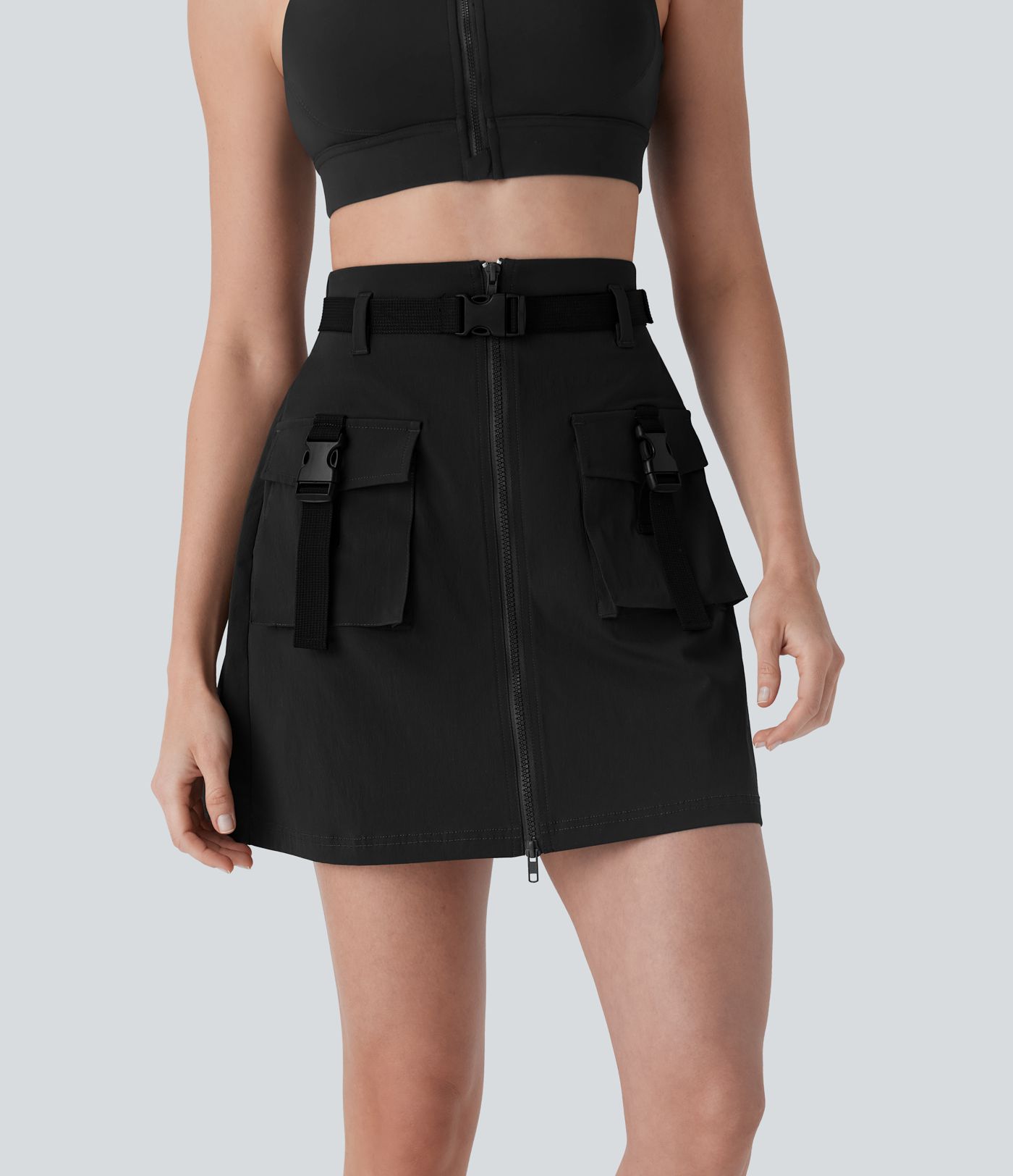 Water Repellent Super High Waisted Belted Zipper Mini A-line Ripstop Camping Cargo Skirt with Pockets