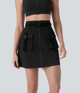 Water Repellent Super High Waisted Belted Zipper Mini A-line Ripstop Camping Cargo Skirt with Pockets