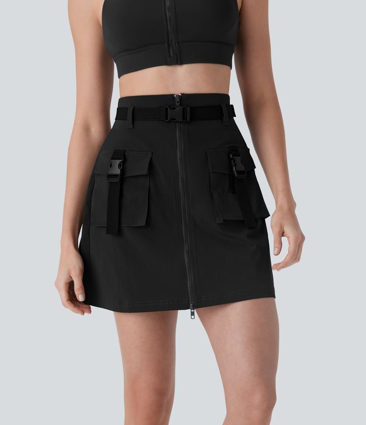 Water Repellent Super High Waisted Belted Zipper Mini A-line Ripstop Camping Cargo Skirt with Pockets