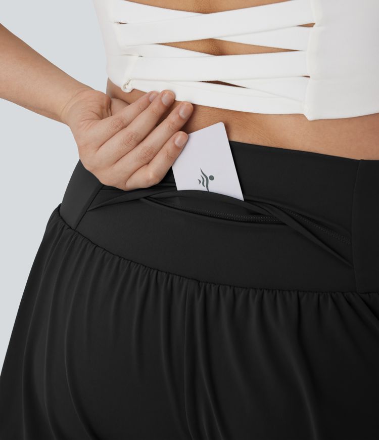 Super High Waisted Contrast Mesh 2-in-1 Yoga Plus Size Shorts with Pockets