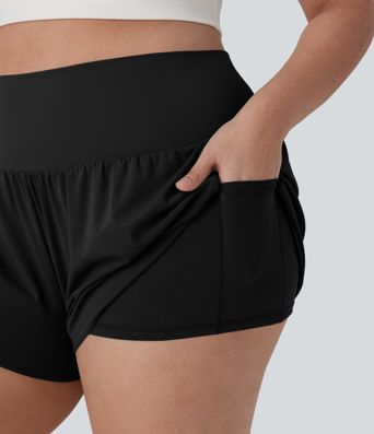 Super High Waisted Contrast Mesh 2-in-1 Yoga Plus Size Shorts with Pockets
