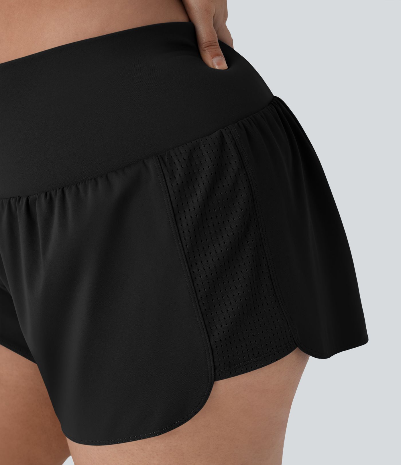 Super High Waisted Contrast Mesh 2-in-1 Yoga Plus Size Shorts with Pockets