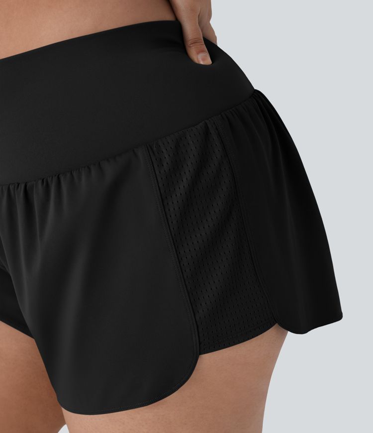 Super High Waisted Contrast Mesh 2-in-1 Yoga Plus Size Shorts with Pockets