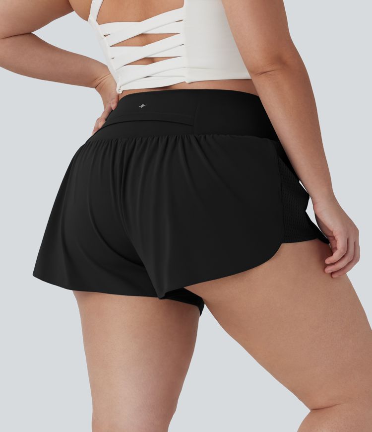 Super High Waisted Contrast Mesh 2-in-1 Yoga Plus Size Shorts with Pockets