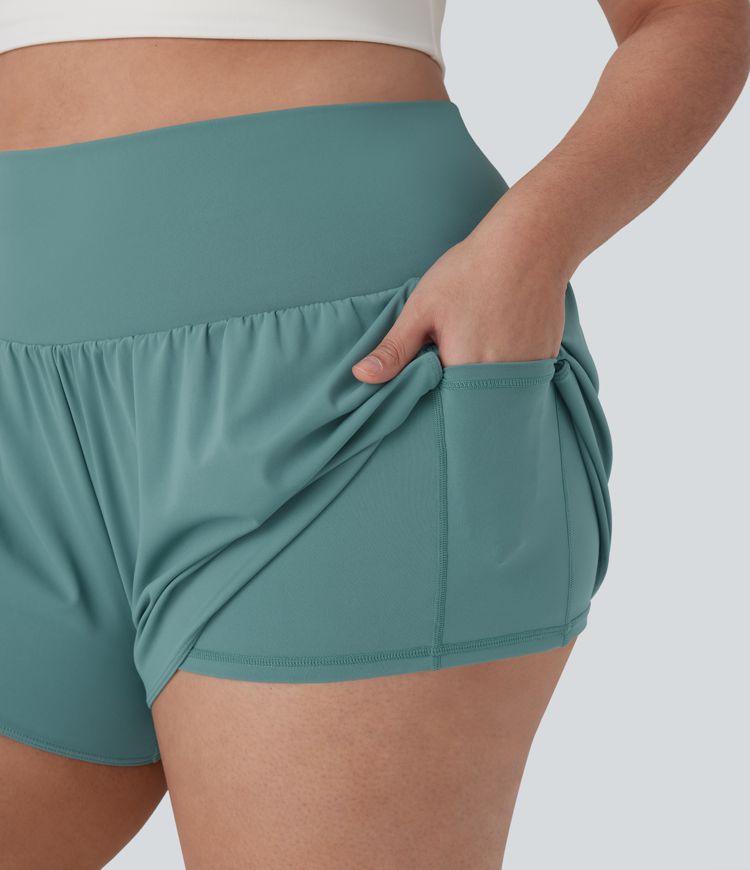  Plus-Size 2-in-1-Yoga-Shorts mit superhoher Taille und kontrastierendem Netzstoff und Taschen