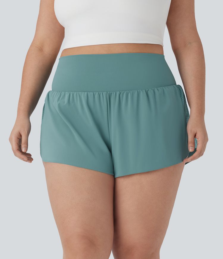  Plus-Size 2-in-1-Yoga-Shorts mit superhoher Taille und kontrastierendem Netzstoff und Taschen