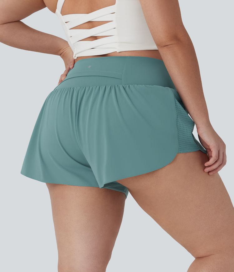  Plus-Size 2-in-1-Yoga-Shorts mit superhoher Taille und kontrastierendem Netzstoff und Taschen
