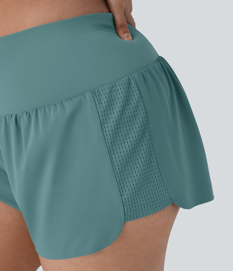  Plus-Size 2-in-1-Yoga-Shorts mit superhoher Taille und kontrastierendem Netzstoff und Taschen