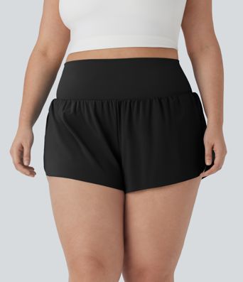 Super High Waisted Contrast Mesh 2-in-1 Yoga Plus Size Shorts with Pockets