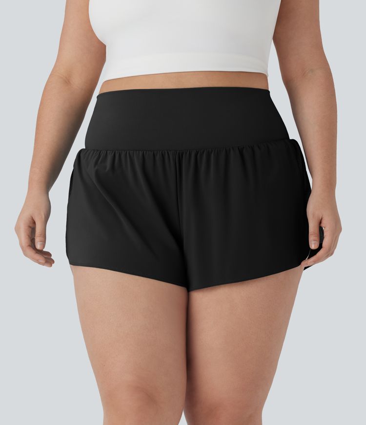Super High Waisted Contrast Mesh 2-in-1 Yoga Plus Size Shorts with Pockets