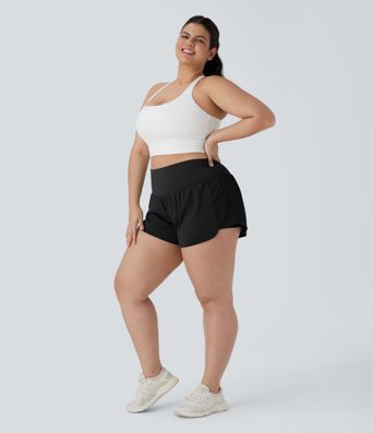 Super High Waisted Contrast Mesh 2-in-1 Yoga Plus Size Shorts with Pockets