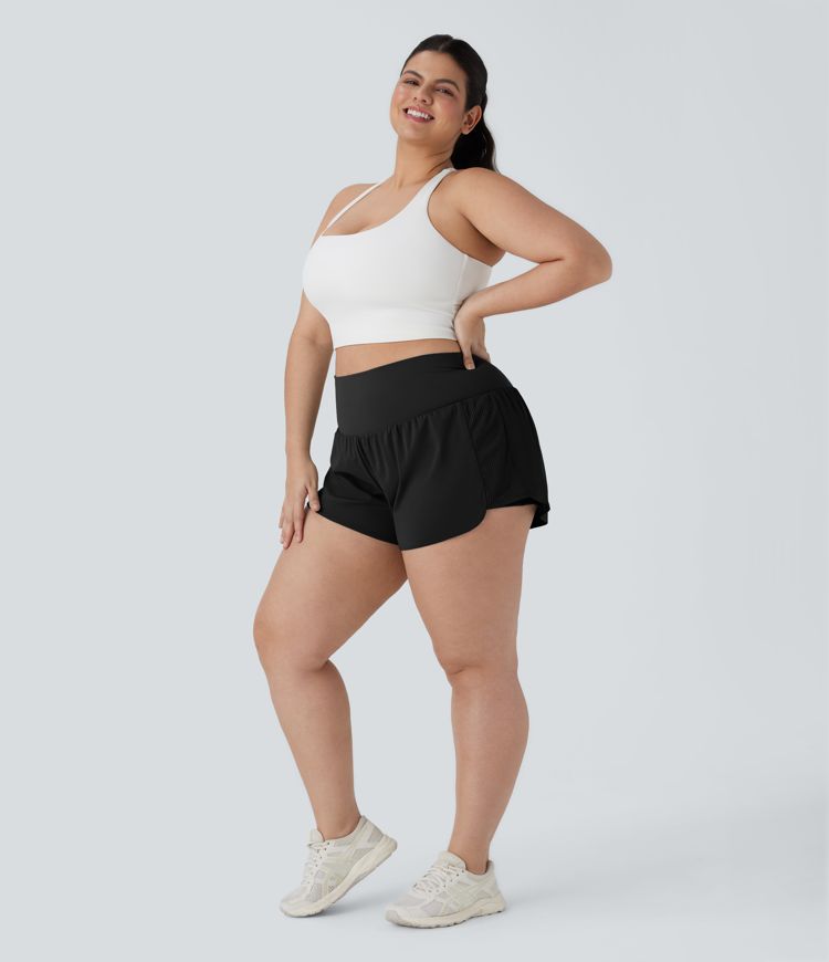 Super High Waisted Contrast Mesh 2-in-1 Yoga Plus Size Shorts with Pockets