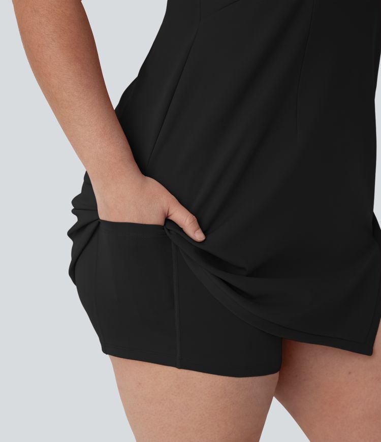 Half Zip Racerback 2-Piece Mini Tennis Active Plus Size Dress with Pocket