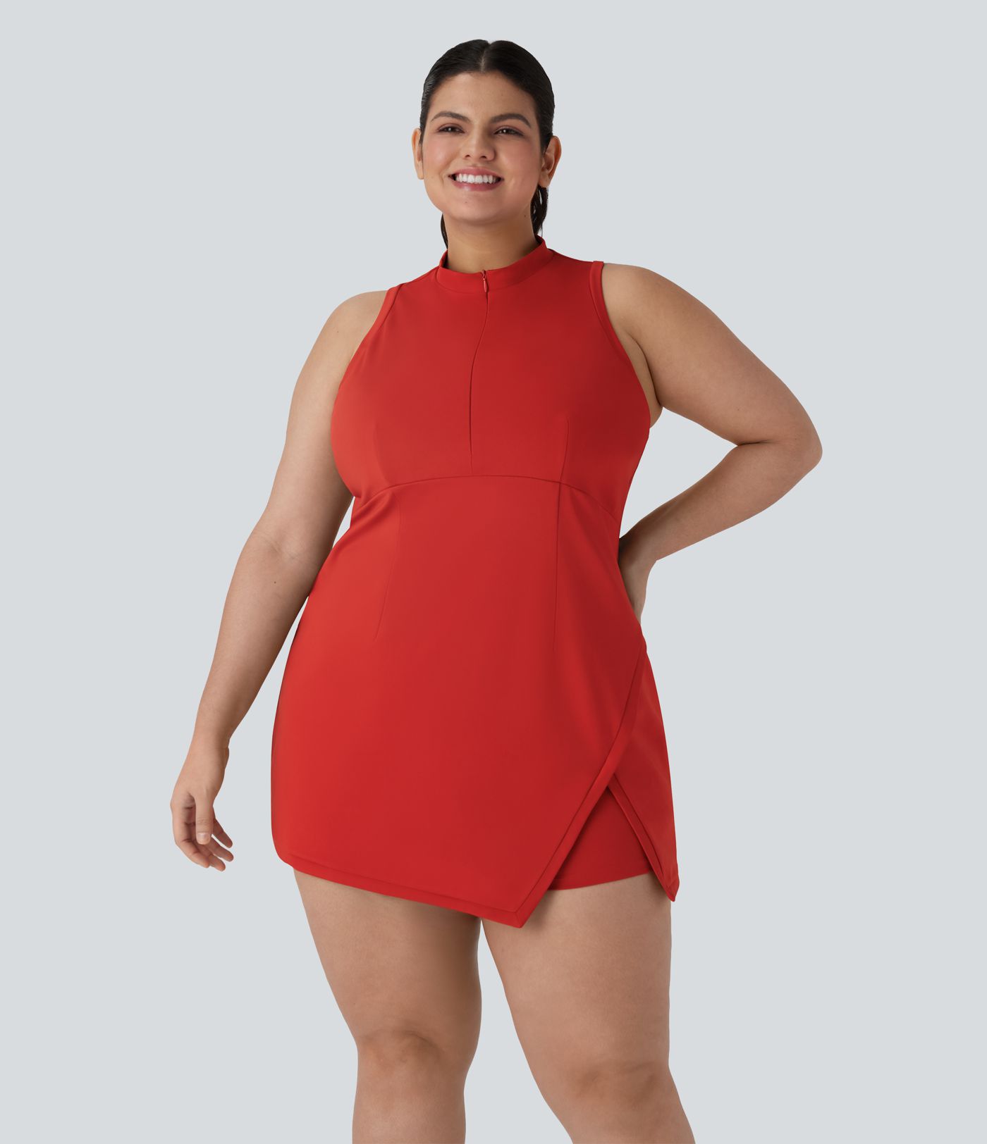 Zweiteiliges Mini-Tennis-Aktivkleid Plus-Size mit halbem Reißverschluss, Racerback und geteilter Seitentasche
