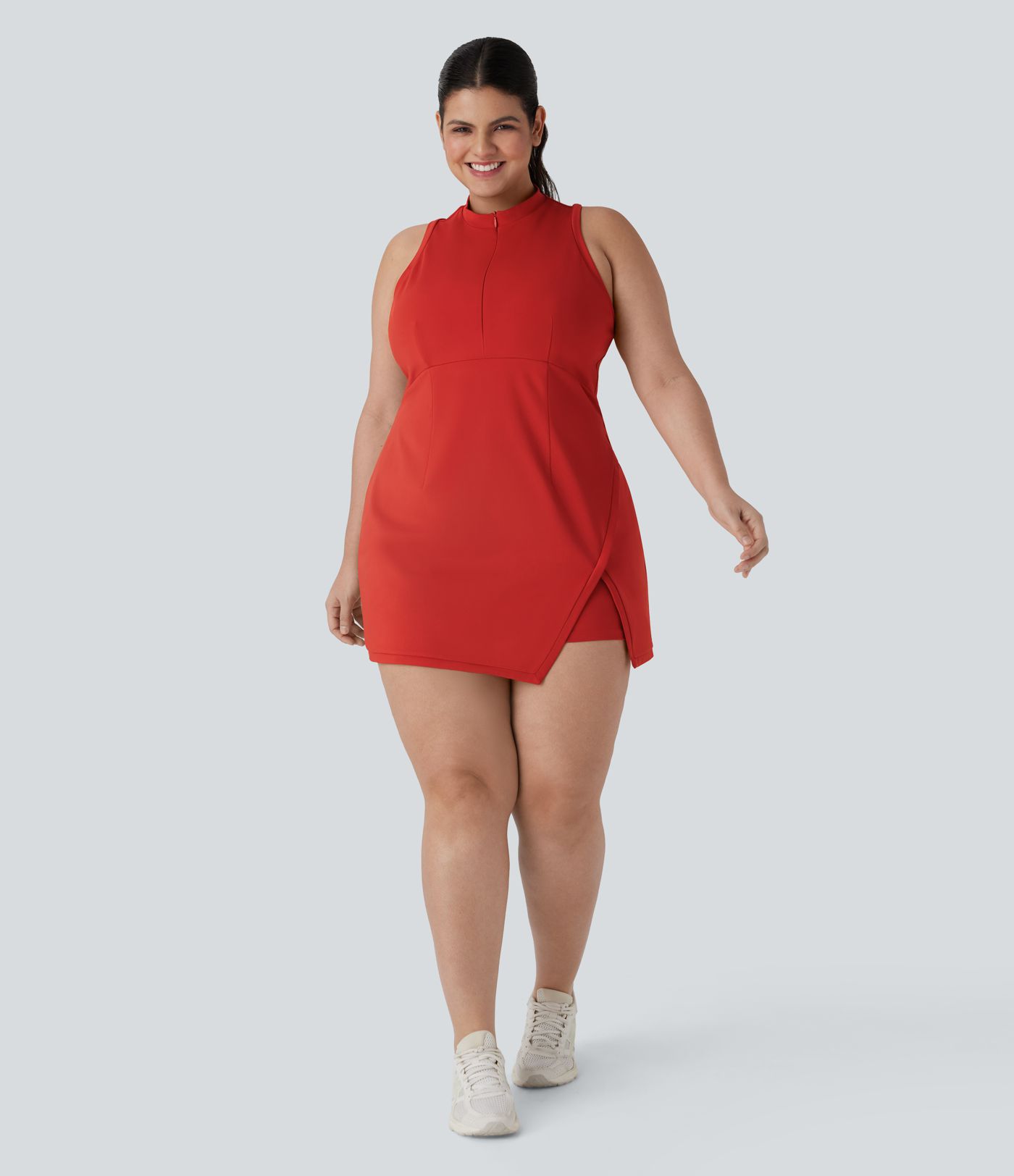 Zweiteiliges Mini-Tennis-Aktivkleid Plus-Size mit halbem Reißverschluss, Racerback und geteilter Seitentasche
