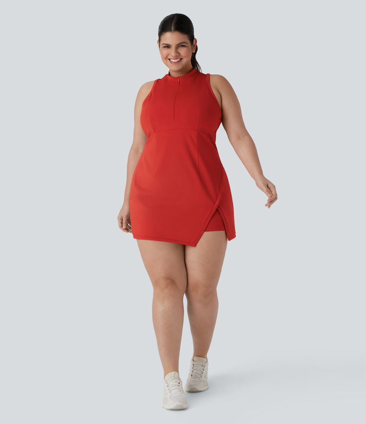 Robe de tennis active 2 pièces mini dos nageur fendue demi-zip grande taille avec poche latérale