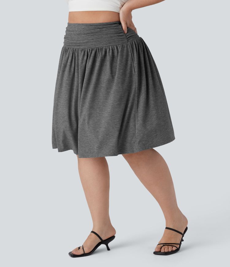 High Waisted Ruched Flowy Plus Size Skirt with Pockets