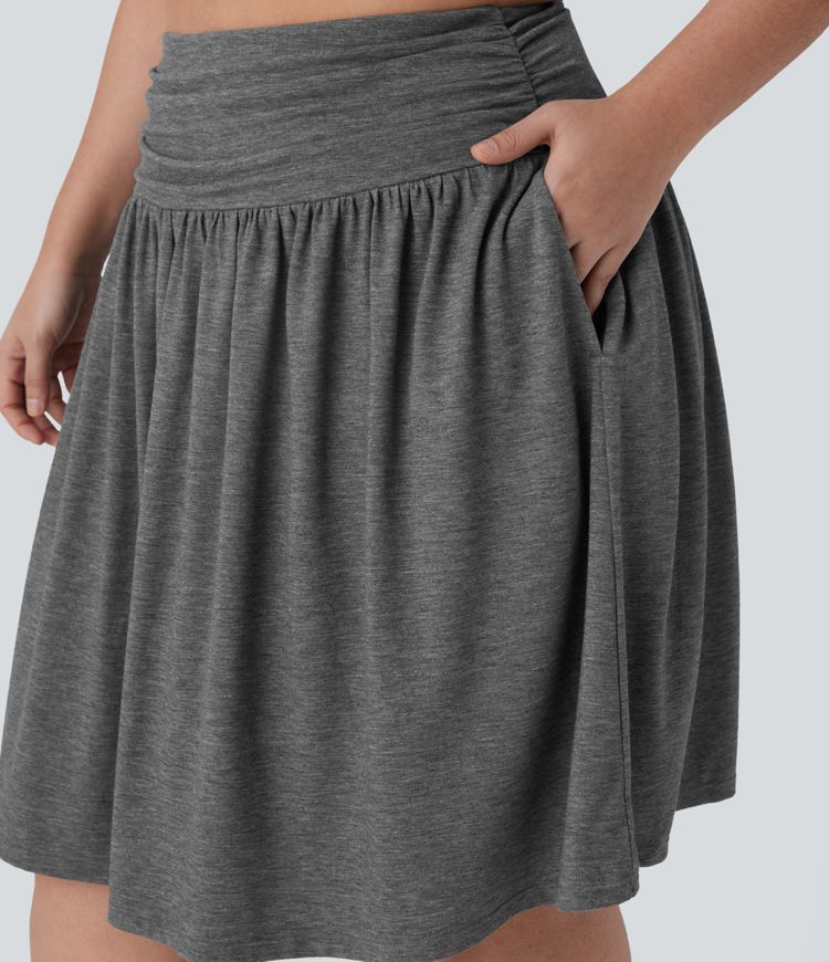 High Waisted Ruched Flowy Plus Size Skirt with Pockets