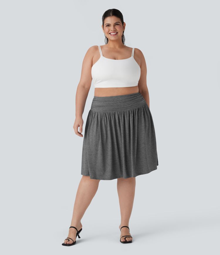 High Waisted Ruched Flowy Plus Size Skirt with Pockets