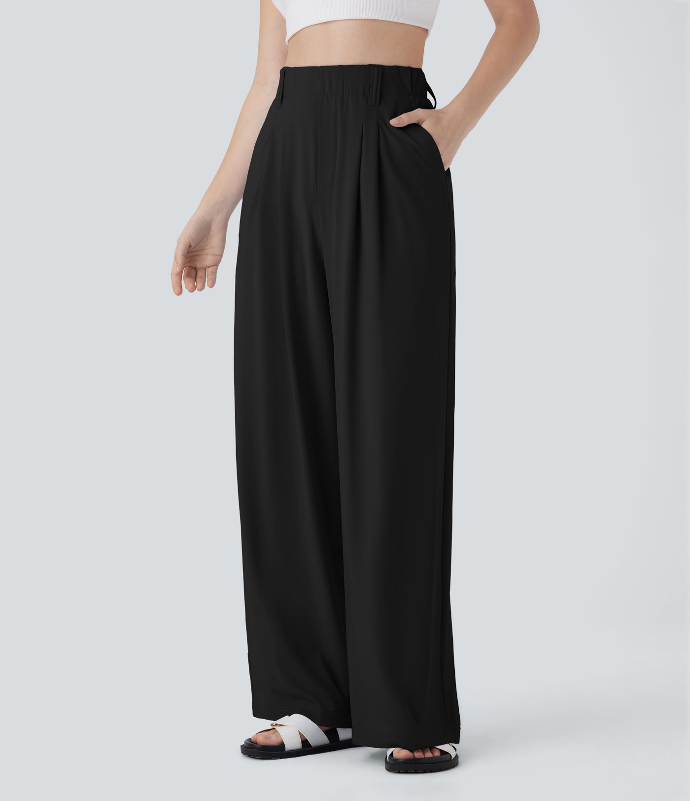 Pantalon décontracté au toucher frais à jambes larges et taille haute avec poches latérales - UPF50+