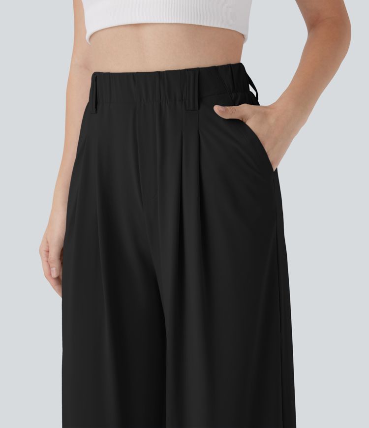 Pantalon décontracté au toucher frais à jambes larges et taille haute avec poches latérales - UPF50+