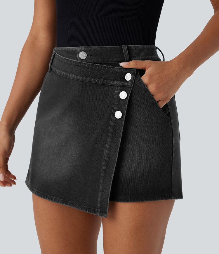 Halara Flex™ High Waisted Pockets Wrapped Washed Denim Casual Skort Halara Flex™ High Waisted Pockets Wrapped Washed Denim Casual Skort