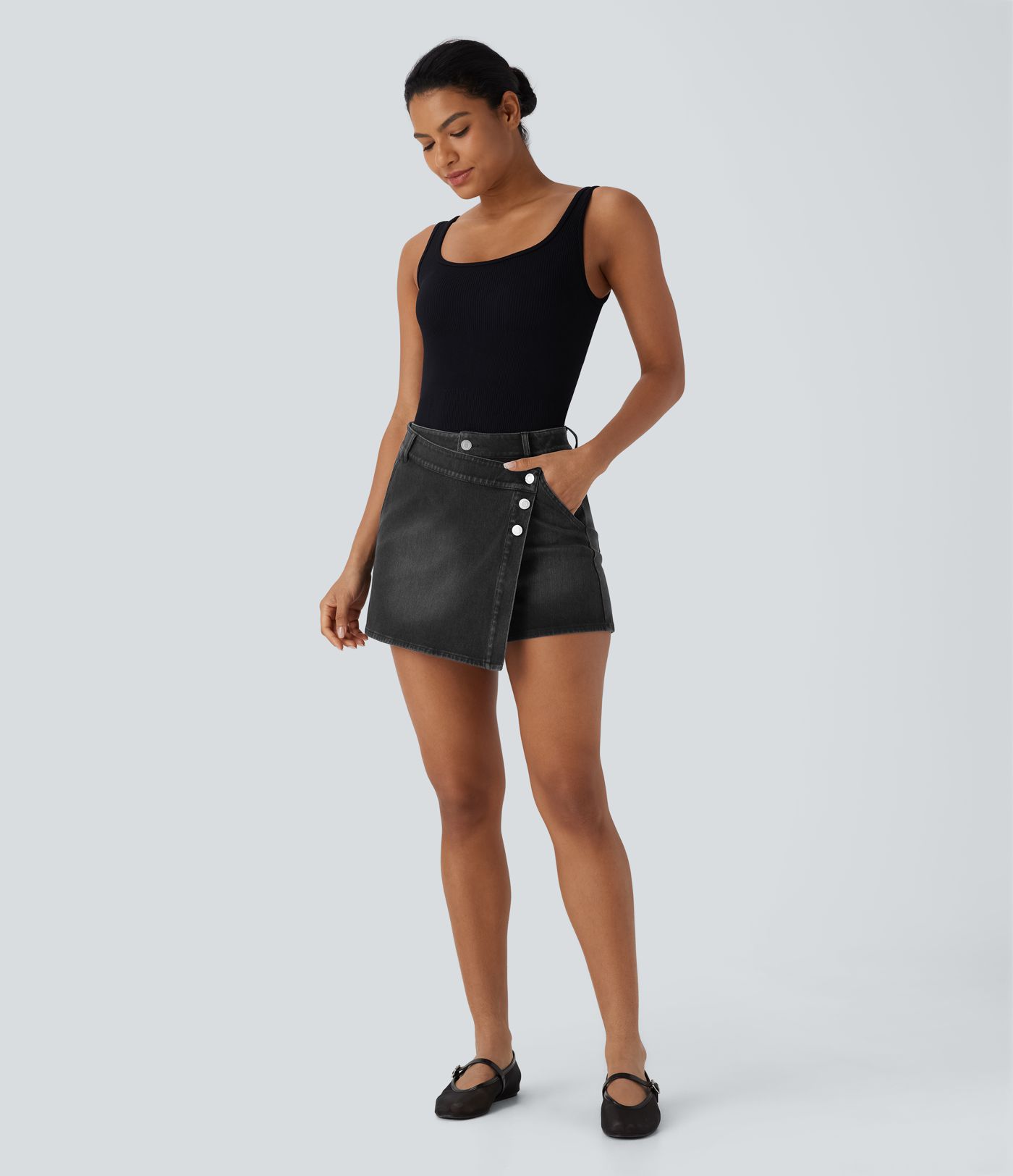 Halara Flex™ High Waisted Pockets Wrapped Washed Denim Casual Skort Halara Flex™ High Waisted Pockets Wrapped Washed Denim Casual Skort